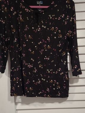 croft & barrow Black Floral Keyhole 3/4 Sleeve Tunic